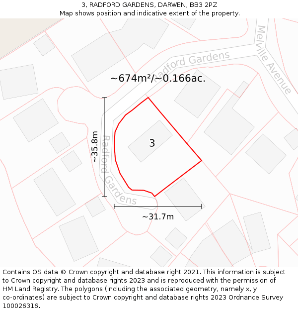 3, RADFORD GARDENS, DARWEN, BB3 2PZ: Plot and title map