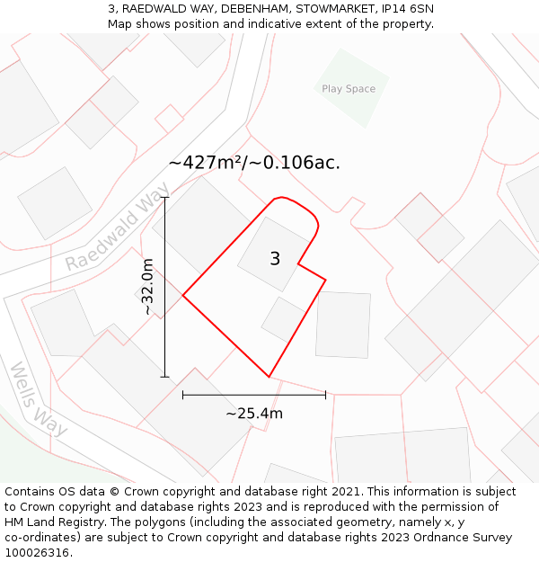 3, RAEDWALD WAY, DEBENHAM, STOWMARKET, IP14 6SN: Plot and title map