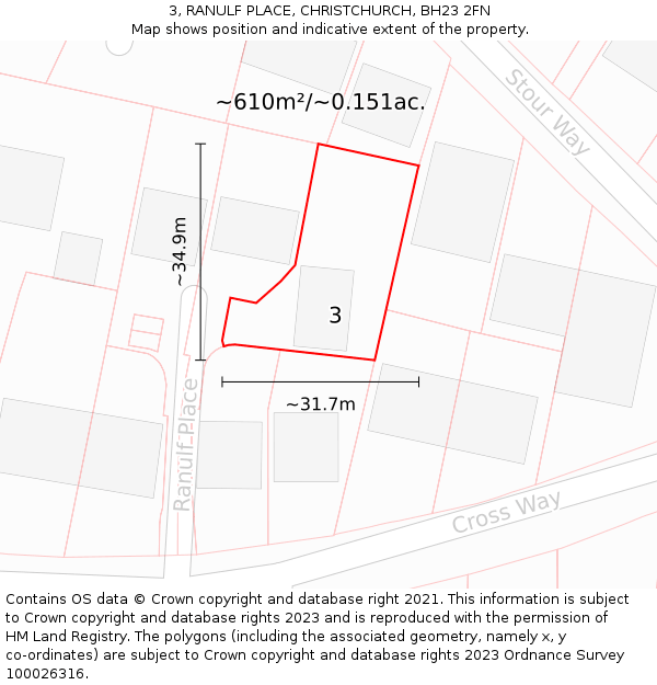 3, RANULF PLACE, CHRISTCHURCH, BH23 2FN: Plot and title map