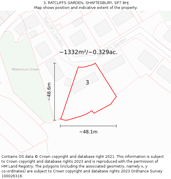 3, RATCLIFFS GARDEN, SHAFTESBURY, SP7 8HJ: Plot and title map