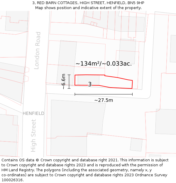 3, RED BARN COTTAGES, HIGH STREET, HENFIELD, BN5 9HP: Plot and title map