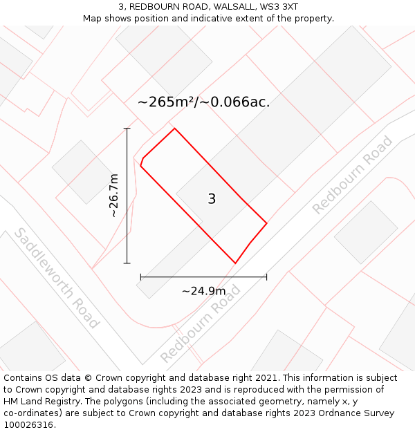 3, REDBOURN ROAD, WALSALL, WS3 3XT: Plot and title map