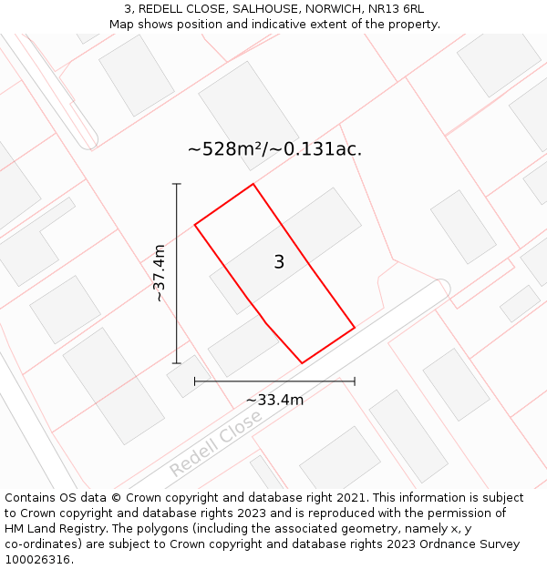 3, REDELL CLOSE, SALHOUSE, NORWICH, NR13 6RL: Plot and title map