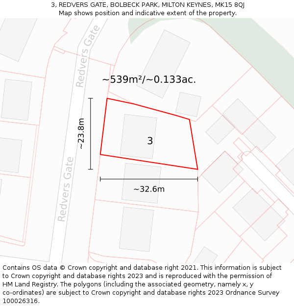 3, REDVERS GATE, BOLBECK PARK, MILTON KEYNES, MK15 8QJ: Plot and title map