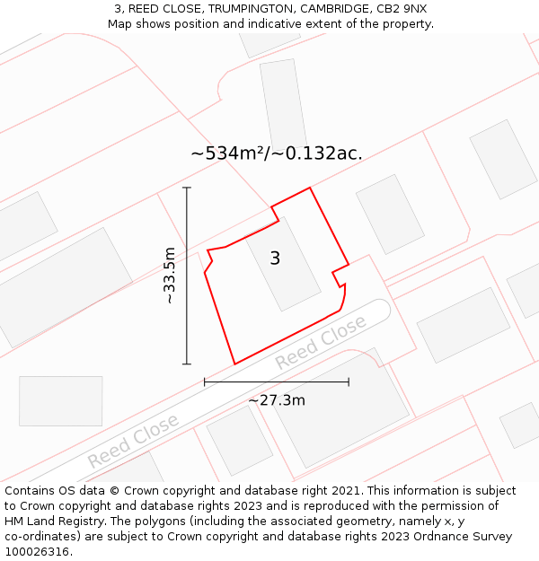 3, REED CLOSE, TRUMPINGTON, CAMBRIDGE, CB2 9NX: Plot and title map