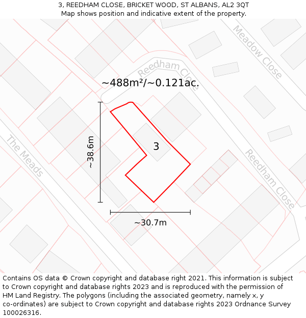 3, REEDHAM CLOSE, BRICKET WOOD, ST ALBANS, AL2 3QT: Plot and title map