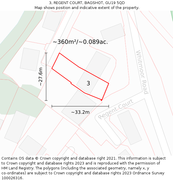 3, REGENT COURT, BAGSHOT, GU19 5QD: Plot and title map