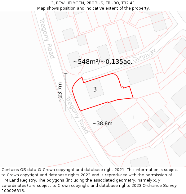 3, REW HELYGEN, PROBUS, TRURO, TR2 4FJ: Plot and title map