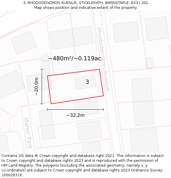 3, RHODODENDRON AVENUE, STICKLEPATH, BARNSTAPLE, EX31 2DL: Plot and title map