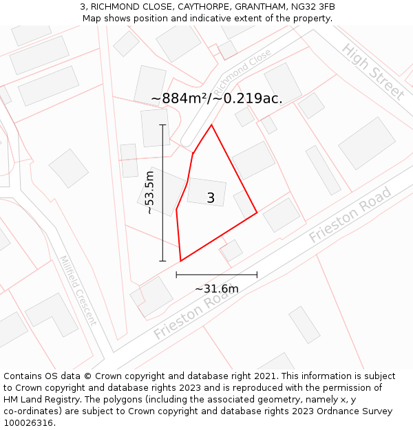 3, RICHMOND CLOSE, CAYTHORPE, GRANTHAM, NG32 3FB: Plot and title map