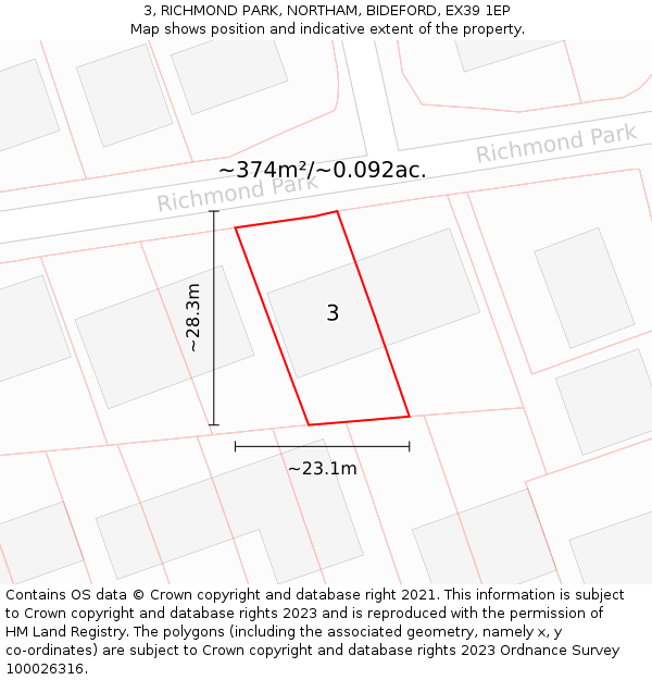 3, RICHMOND PARK, NORTHAM, BIDEFORD, EX39 1EP: Plot and title map