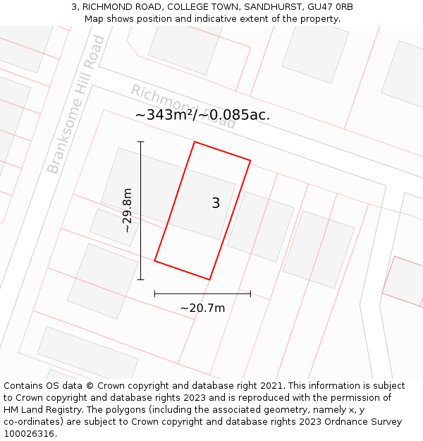 3, RICHMOND ROAD, COLLEGE TOWN, SANDHURST, GU47 0RB: Plot and title map