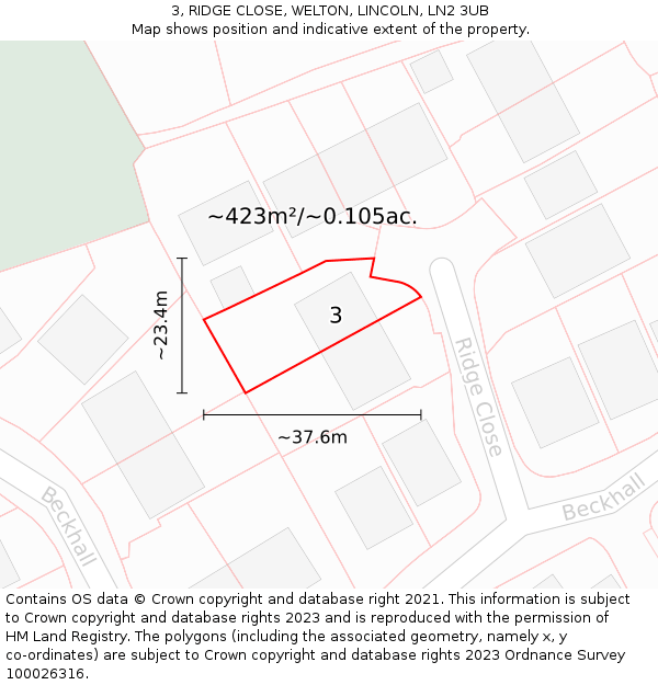 3, RIDGE CLOSE, WELTON, LINCOLN, LN2 3UB: Plot and title map