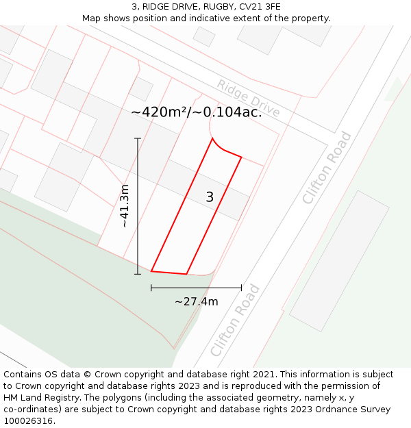 3, RIDGE DRIVE, RUGBY, CV21 3FE: Plot and title map
