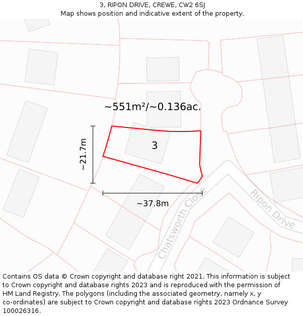 3, RIPON DRIVE, CREWE, CW2 6SJ: Plot and title map