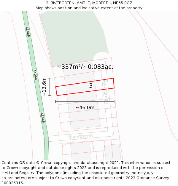 3, RIVERGREEN, AMBLE, MORPETH, NE65 0GZ: Plot and title map