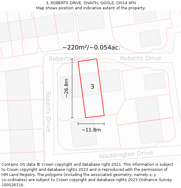 3, ROBERTS DRIVE, SNAITH, GOOLE, DN14 9FN: Plot and title map