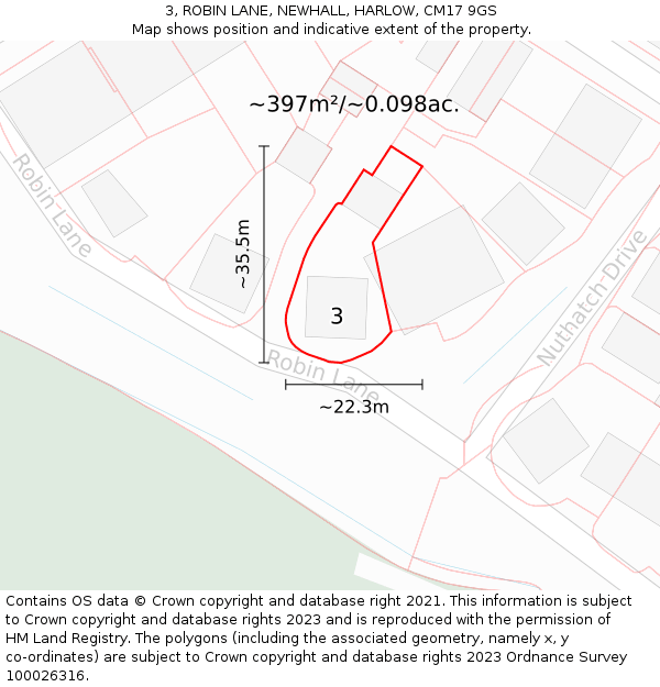 3, ROBIN LANE, NEWHALL, HARLOW, CM17 9GS: Plot and title map