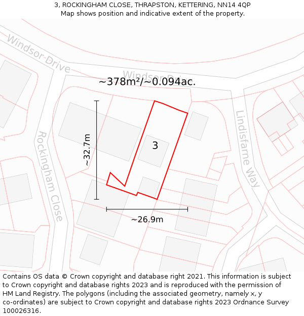 3, ROCKINGHAM CLOSE, THRAPSTON, KETTERING, NN14 4QP: Plot and title map