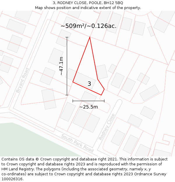 3, RODNEY CLOSE, POOLE, BH12 5BQ: Plot and title map