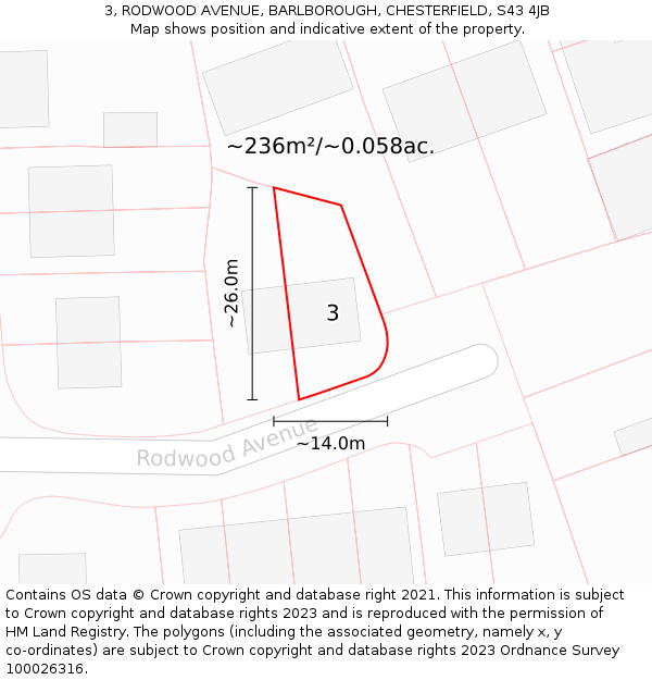 3, RODWOOD AVENUE, BARLBOROUGH, CHESTERFIELD, S43 4JB: Plot and title map