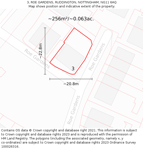 3, ROE GARDENS, RUDDINGTON, NOTTINGHAM, NG11 6AQ: Plot and title map