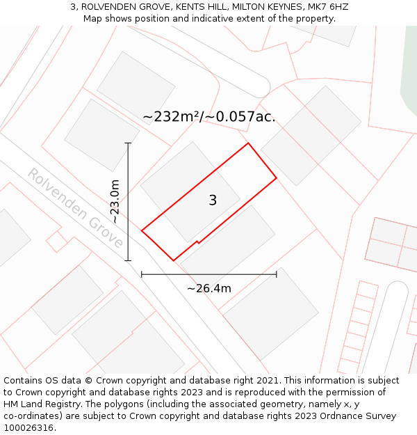 3, ROLVENDEN GROVE, KENTS HILL, MILTON KEYNES, MK7 6HZ: Plot and title map