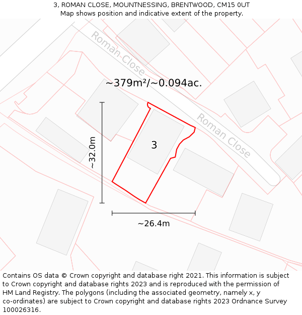 3, ROMAN CLOSE, MOUNTNESSING, BRENTWOOD, CM15 0UT: Plot and title map