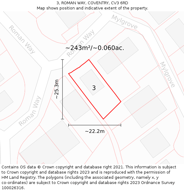 3, ROMAN WAY, COVENTRY, CV3 6RD: Plot and title map