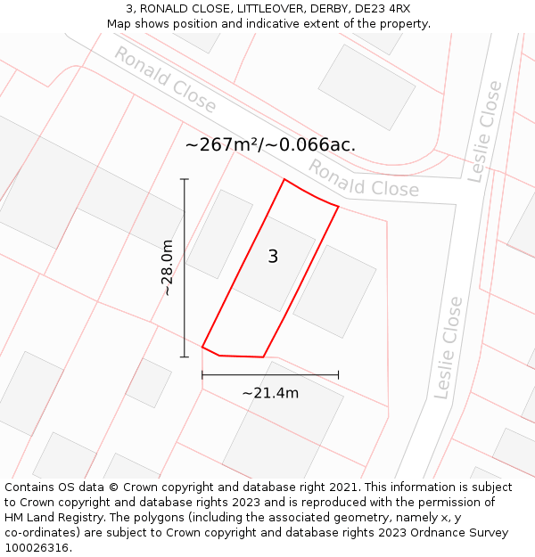 3, RONALD CLOSE, LITTLEOVER, DERBY, DE23 4RX: Plot and title map