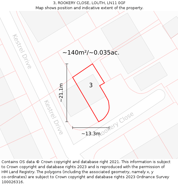 3, ROOKERY CLOSE, LOUTH, LN11 0GF: Plot and title map