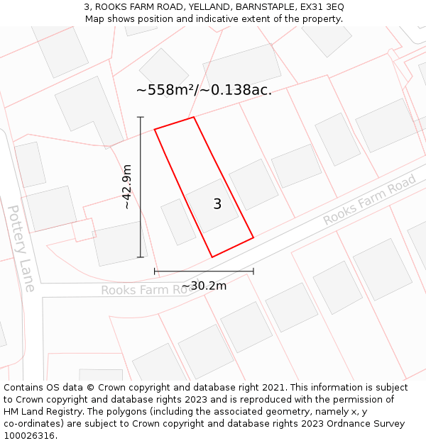 3, ROOKS FARM ROAD, YELLAND, BARNSTAPLE, EX31 3EQ: Plot and title map