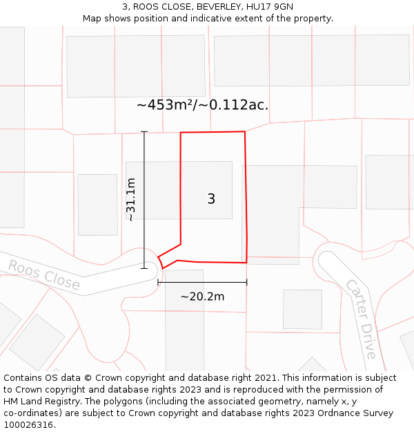 3, ROOS CLOSE, BEVERLEY, HU17 9GN: Plot and title map