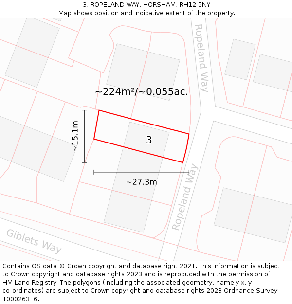 3, ROPELAND WAY, HORSHAM, RH12 5NY: Plot and title map
