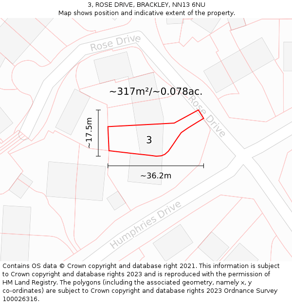 3, ROSE DRIVE, BRACKLEY, NN13 6NU: Plot and title map