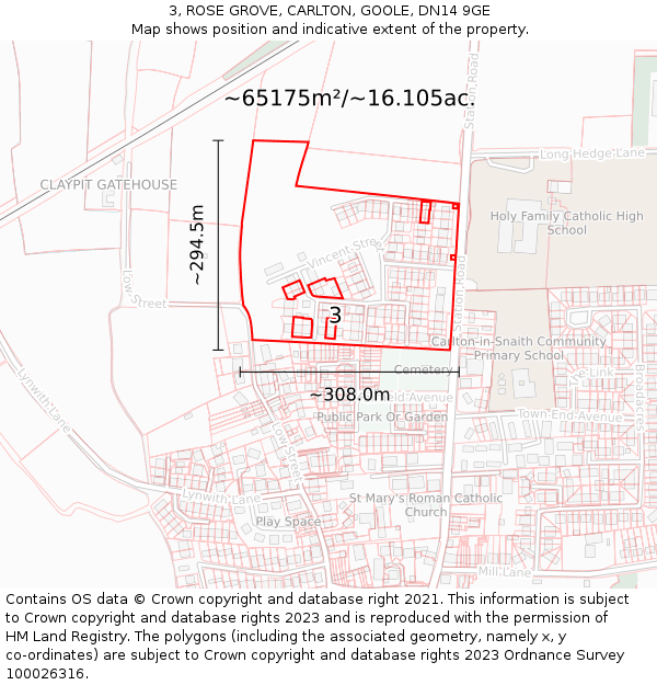 3, ROSE GROVE, CARLTON, GOOLE, DN14 9GE: Plot and title map