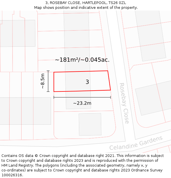 3, ROSEBAY CLOSE, HARTLEPOOL, TS26 0ZL: Plot and title map