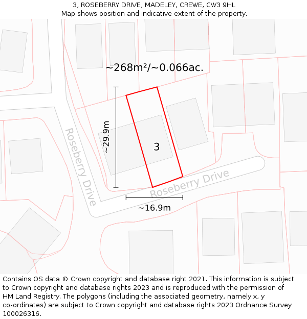 3, ROSEBERRY DRIVE, MADELEY, CREWE, CW3 9HL: Plot and title map