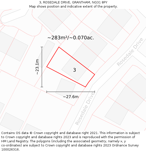 3, ROSEDALE DRIVE, GRANTHAM, NG31 8PY: Plot and title map