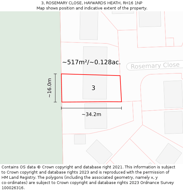 3, ROSEMARY CLOSE, HAYWARDS HEATH, RH16 1NP: Plot and title map