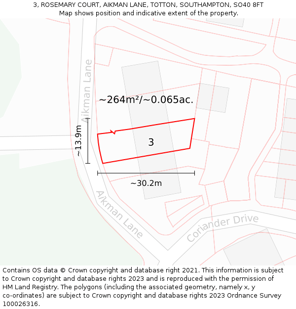 3, ROSEMARY COURT, AIKMAN LANE, TOTTON, SOUTHAMPTON, SO40 8FT: Plot and title map