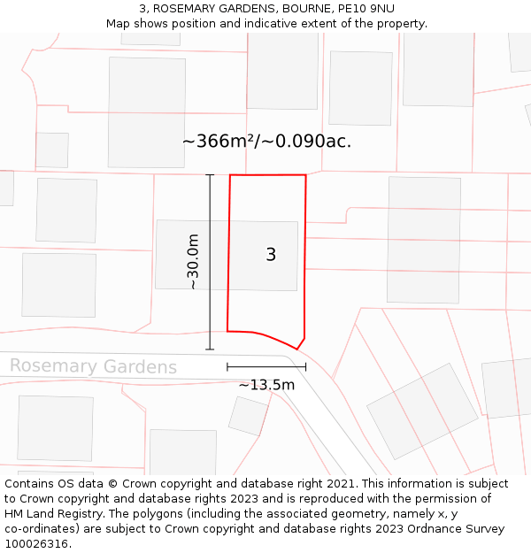 3, ROSEMARY GARDENS, BOURNE, PE10 9NU: Plot and title map