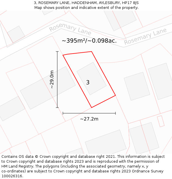 3, ROSEMARY LANE, HADDENHAM, AYLESBURY, HP17 8JS: Plot and title map