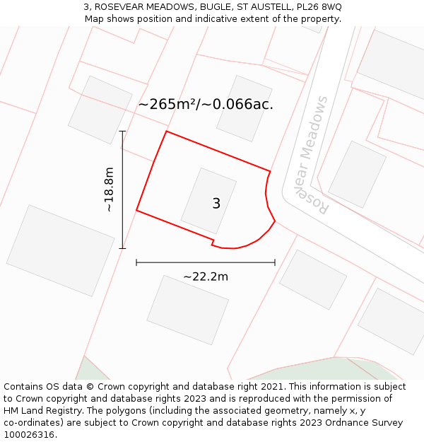 3, ROSEVEAR MEADOWS, BUGLE, ST AUSTELL, PL26 8WQ: Plot and title map