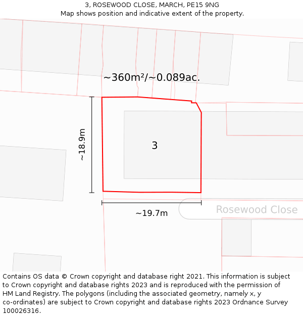 3, ROSEWOOD CLOSE, MARCH, PE15 9NG: Plot and title map