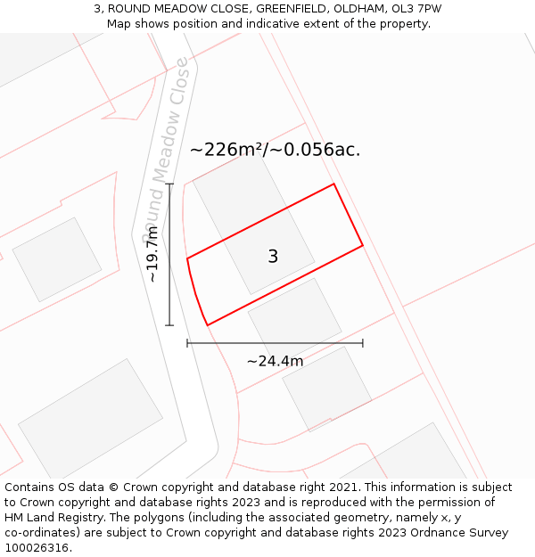 3, ROUND MEADOW CLOSE, GREENFIELD, OLDHAM, OL3 7PW: Plot and title map