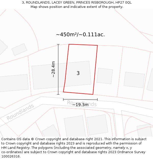 3, ROUNDLANDS, LACEY GREEN, PRINCES RISBOROUGH, HP27 0QL: Plot and title map