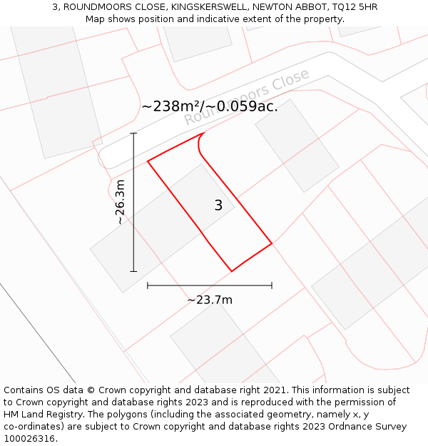 3, ROUNDMOORS CLOSE, KINGSKERSWELL, NEWTON ABBOT, TQ12 5HR: Plot and title map