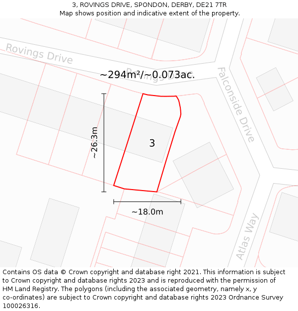 3, ROVINGS DRIVE, SPONDON, DERBY, DE21 7TR: Plot and title map