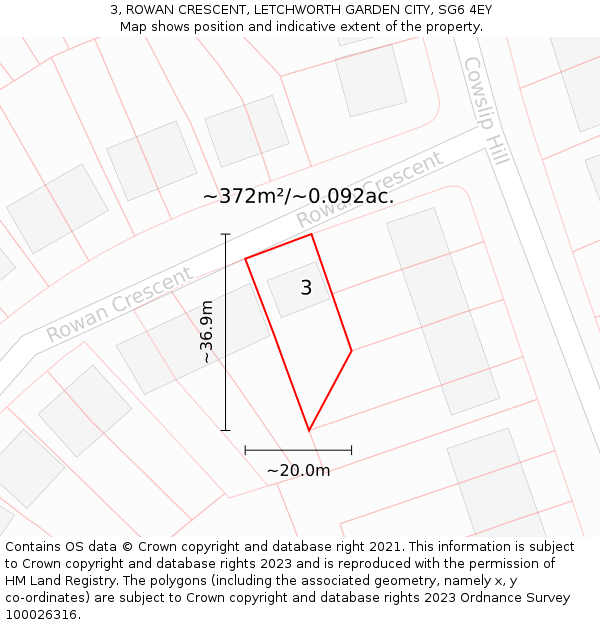 3, ROWAN CRESCENT, LETCHWORTH GARDEN CITY, SG6 4EY: Plot and title map